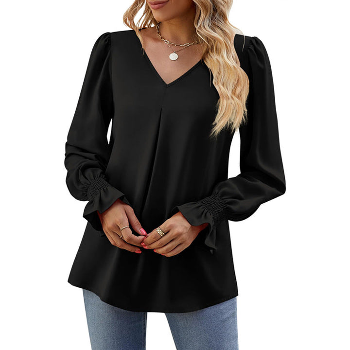 Drune | Einfarbiges V-Ausschnitt Top mit Puffärmeln und langen Ärmeln