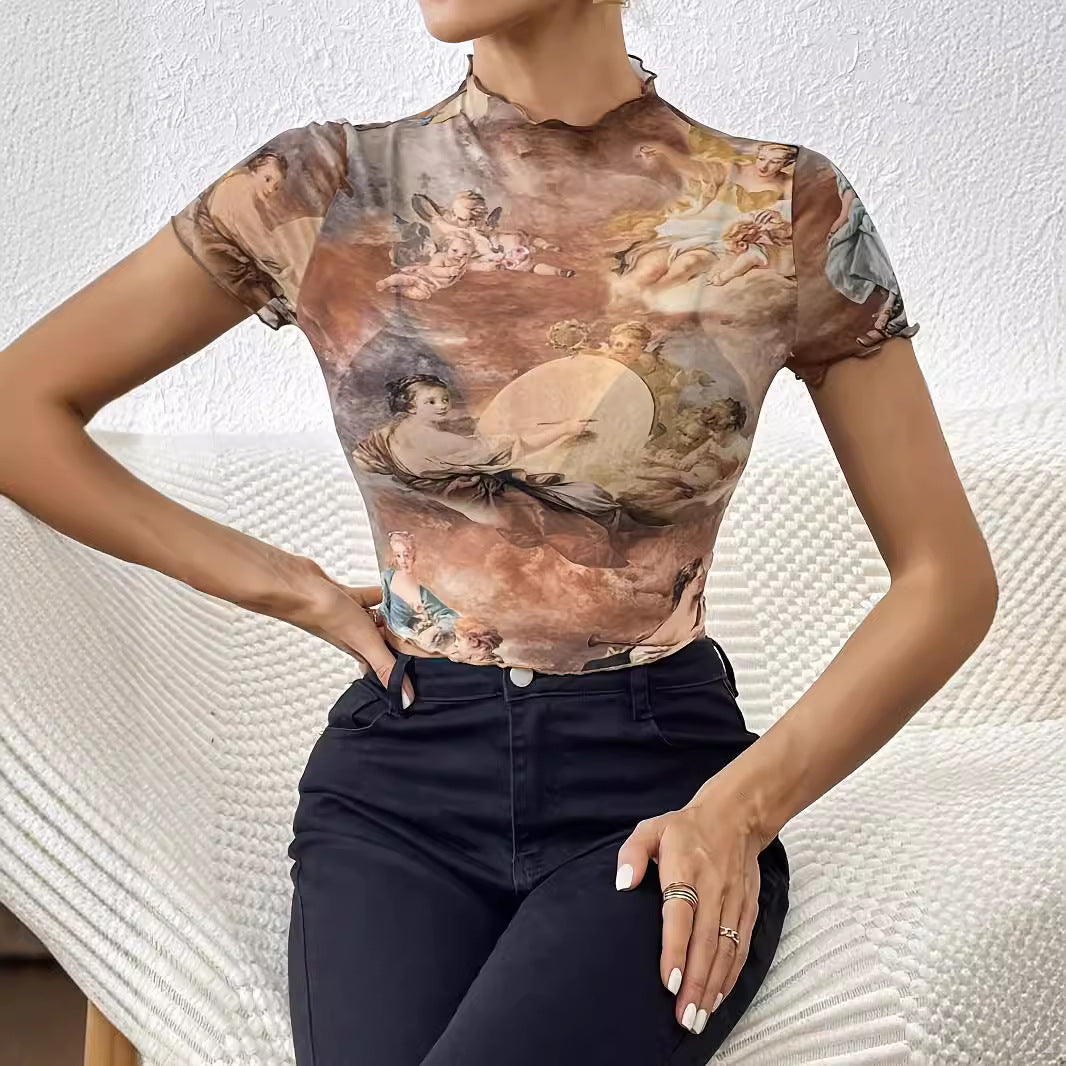 Damen nan figurnahes transparentes Mesh-Top mit barockem Engeldruck, Stehkragen und Kräuselsaum Drune