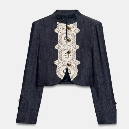 Damen Kurzblazer im Bolero‑Stil mit Spitzenbesatz und Stehkragen Drune