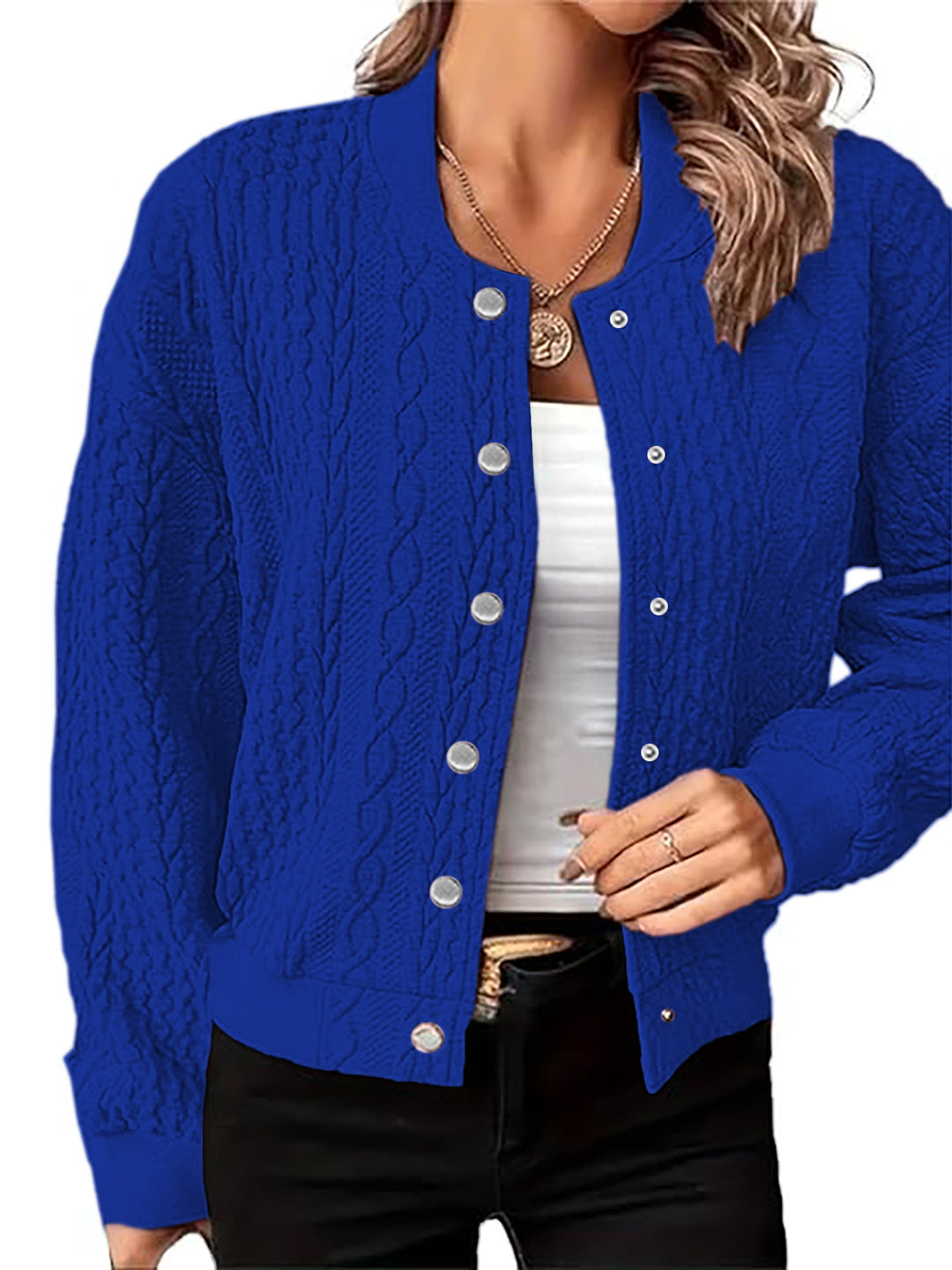 Damen Strickjacke im modernen Zopfmuster mit Druckknopfverschluss Drune