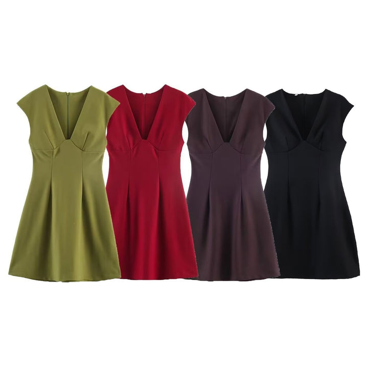 Damen elegantes Kurzkleid mit V-Ausschnitt und A-Linien-Schnitt Drune