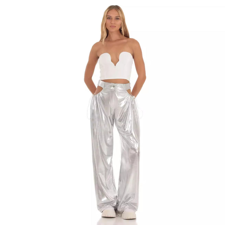 Damen High-Waist Baggy-Hose mit Cut-Out-Details und glänzendem Finish Drune