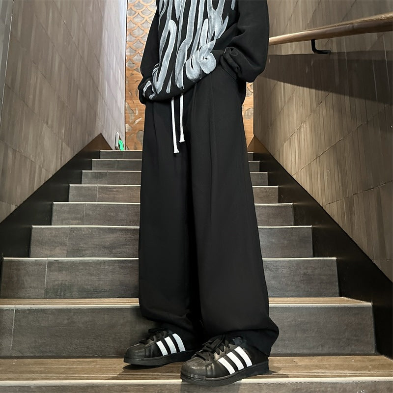 Herren Weitgeschnittene Palazzo-Loungehose mit Tunnelzug, hoher Taille und fließender Baumwollmischung Drune