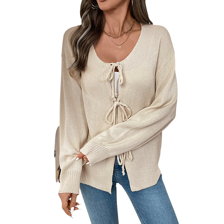 Damen Lässiger Strickpullover mit dreifacher Schnürfront, Rundhalsausschnitt und Oversize-Silhouette Drune