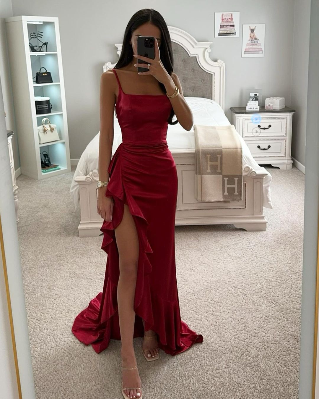 Damen elegantes Maxikleid mit seitlichem Schlitz und fließendem Rüschensaum Drune