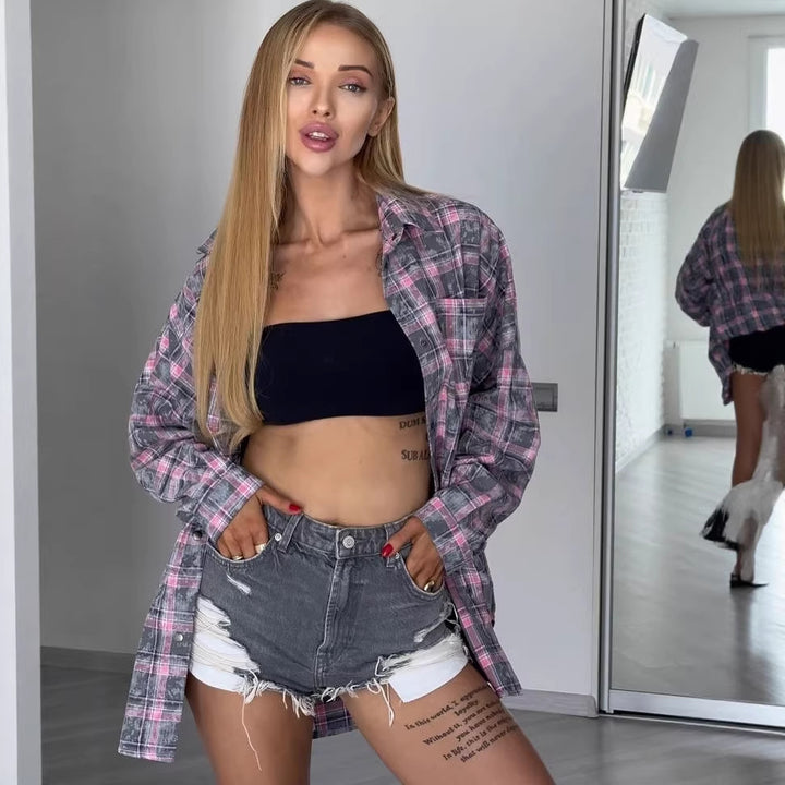 Damen Oversized Karierte Shacket-Hemdjacke mit Druckknopfverschluss und abgerundetem Saum Drune