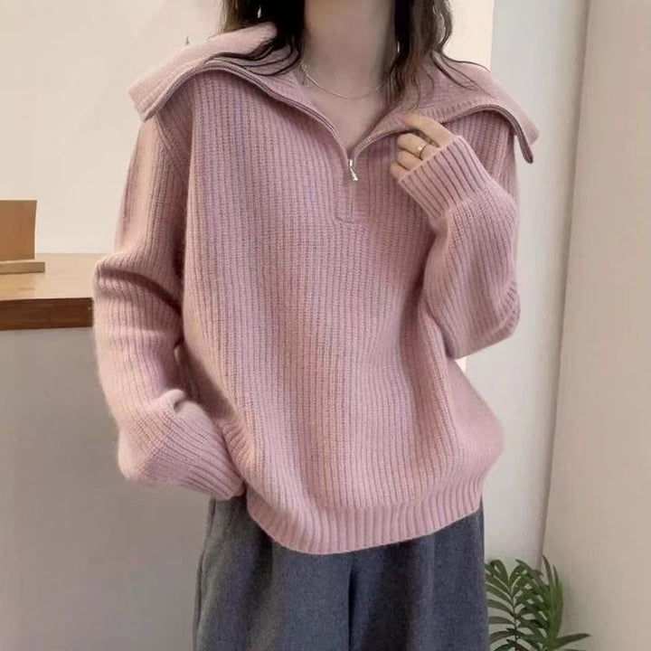 Damen Leichter Strickpullover mit hohem Kragen und Reißverschluss Drune
