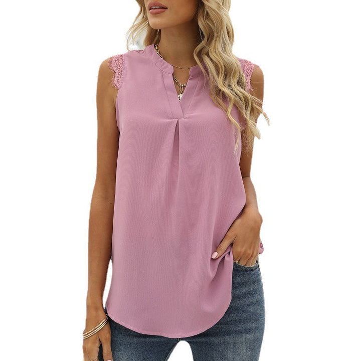 Damen ärmelloses Blusenshirt mit elegantem Spitzeneinsatz und modischen Falten Drune