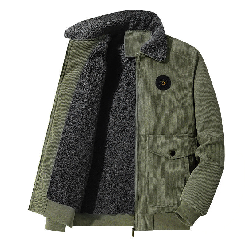 Herren Cordblouson mit durchgehendem Sherpa‑Futter, Umlegekragen und Pattentaschen Drune
