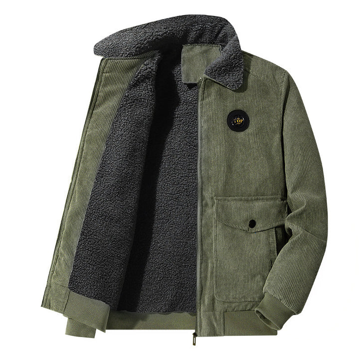 Herren Cordblouson mit durchgehendem Sherpa‑Futter, Umlegekragen und Pattentaschen Drune