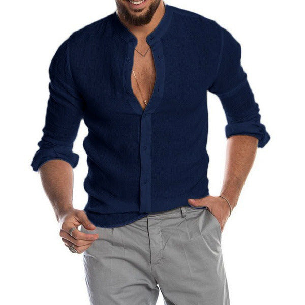 Herren nan Leinenhemd mit Stehkragen, durchgehender Knopfleiste und legerer Slim-Fit-Passform Drune
