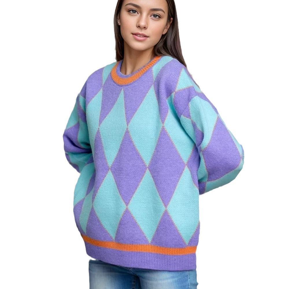 Damen Grobstrickpullover mit diamantförmigem Muster und lebendigen Farbakzenten Drune