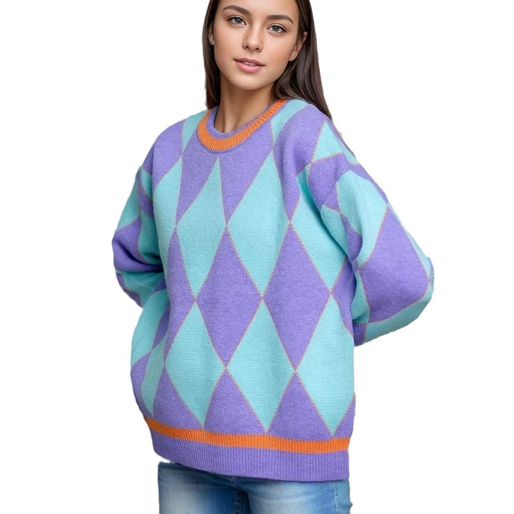 Damen Grobstrickpullover mit diamantförmigem Muster und lebendigen Farbakzenten Drune
