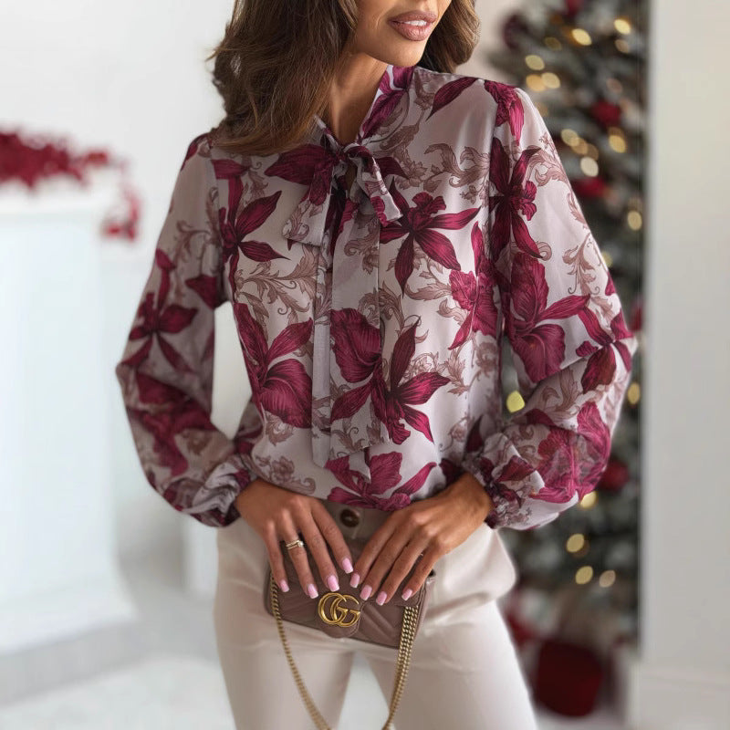 Damen elegante Bluse mit floralem Design und schickem Schleifenkragen Drune