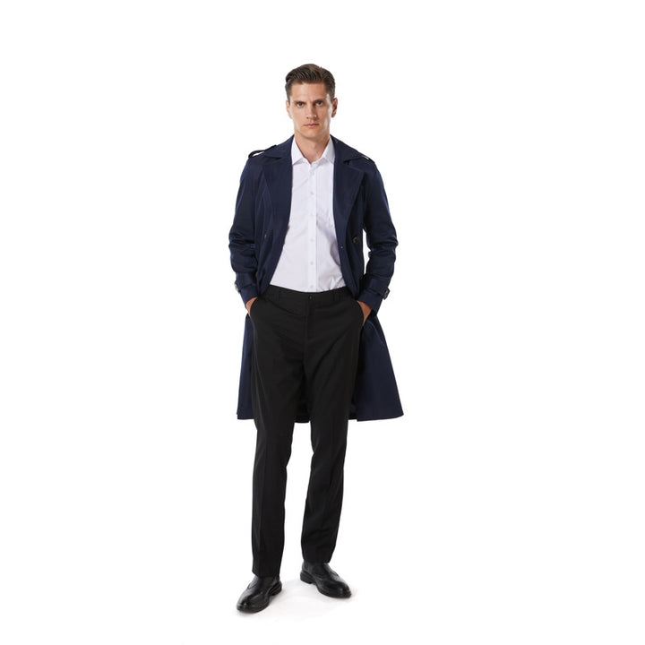 Herren Knielanger Trenchcoat im klassischen Doppelreiher mit Schulterklappen und Taillengürtel Drune