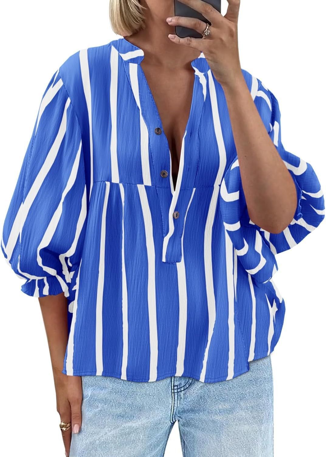 Damen oversize Bluse mit Streifenmuster und Knopfleiste Drune