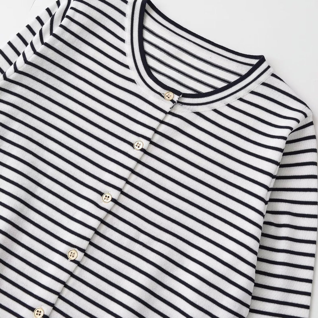 Damen Feinstrick-Cardigan mit maritimem Streifenmuster und Knopfleiste Drune