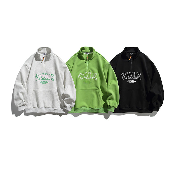 Unisex Oversize-Halbzip-Sweatshirt mit Stehkragen, Kängurutasche und Logo-Print Drune