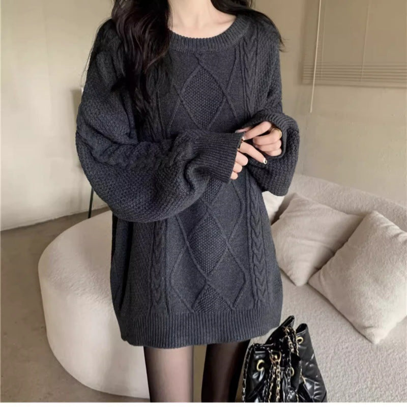 Damen Oversize Zopfmuster-Longpullover mit Rundhals und Ballonärmeln Drune