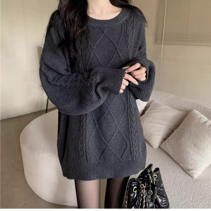 Damen Oversize Zopfmuster-Longpullover mit Rundhals und Ballonärmeln Drune