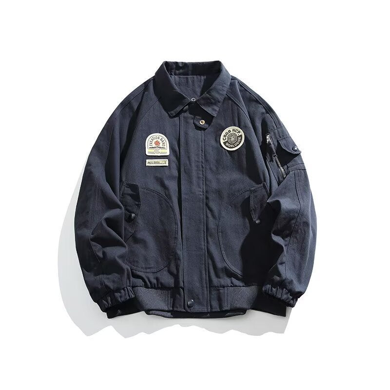Herren Overshirt-Bomberjacke im Military-Look mit Emblem‑Patches, Ärmeltasche & geripptem Saum Drune