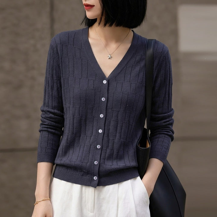 Damen V‑Ausschnitt-Feinstrickcardigan mit strukturierter Blockoptik und durchgehender Knopfleiste Drune