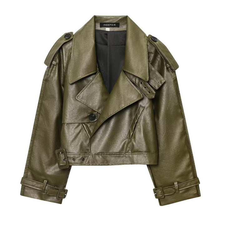Damen Kunstleder Bikerjacke im modischem Cropped-Design mit taillierbarem Gürtel und dekorativen Knöpfen Drune