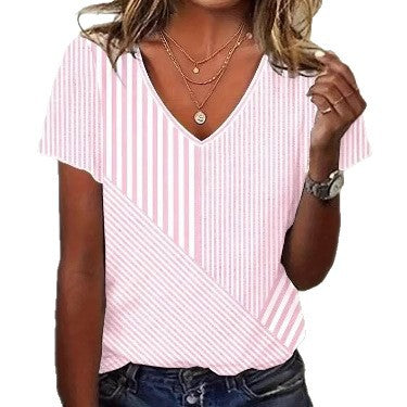 Damen nan gestreifte V-Ausschnitt-Bluse mit asymmetrischem Streifenmix und Kurzarm Drune