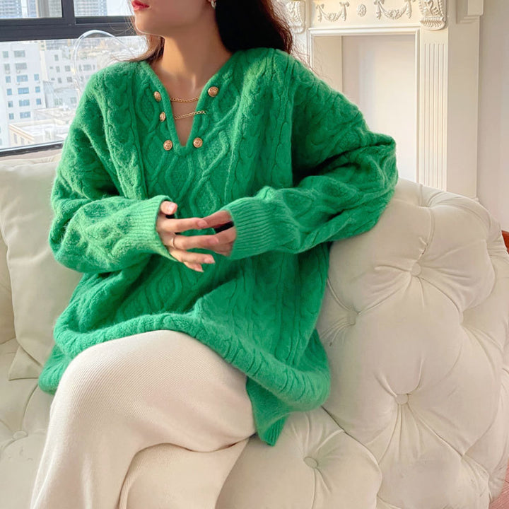 Damen Grobstrickpullover mit Knopfdetails und Zopfmuster Drune
