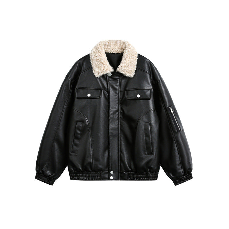 Herren Aviator-inspirierte Kunstleder‑Blousonjacke mit Teddy‑Umlegekragen und Ärmel‑Utilitytasche Drune
