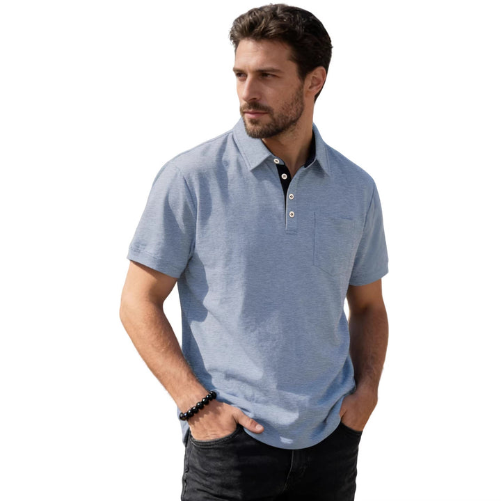 Herren nan Kurzarm-Polokragen-Shirt aus texturiertem Jersey mit Brusttasche und kontrastierter Knopfleiste Drune