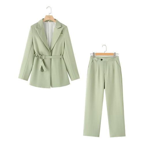 Damen nan tailliertes Blazer- und Highwaist-Hose Zweiteiler mit Bindegürtel Drune