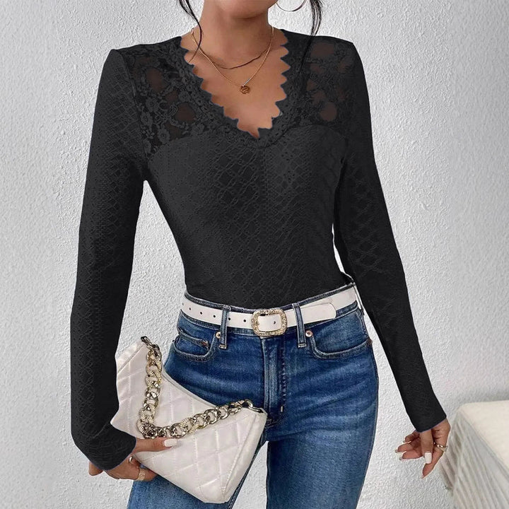 Damen nan figurbetontes Spitzen-Langarmshirt mit gezacktem V-Ausschnitt Drune