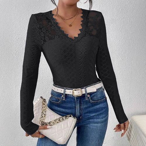 Damen nan figurbetontes Spitzen-Langarmshirt mit gezacktem V-Ausschnitt Drune