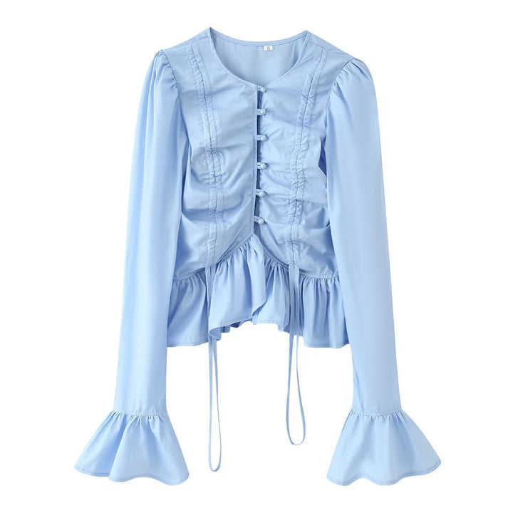Damen Rüschenbluse mit Kordelzug‑Frontraffung, Volant‑Saum und Glockenärmeln Drune