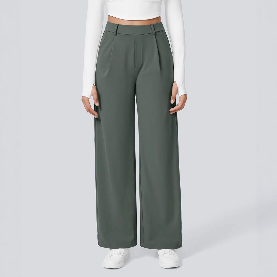Damen nan hochgeschnittene Bundfaltenhose mit weitem Bein, Gürtelschlaufen und seitlichen Eingrifftaschen Drune