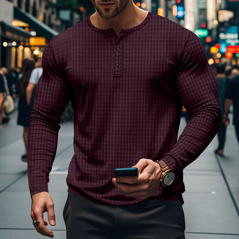 Herren nan figurbetontes Langarmshirt mit Rundhals-Knopfleiste und Waffelstruktur Drune