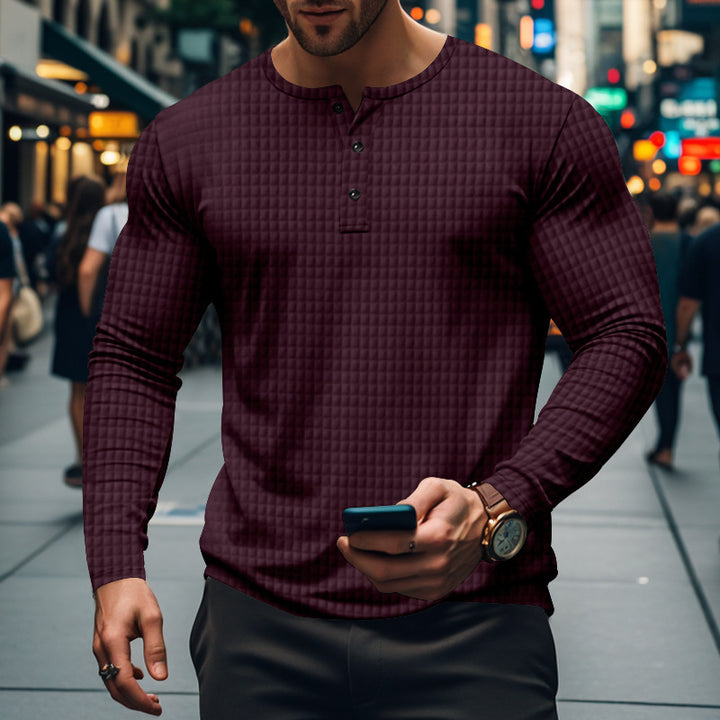 Herren nan figurbetontes Langarmshirt mit Rundhals-Knopfleiste und Waffelstruktur Drune