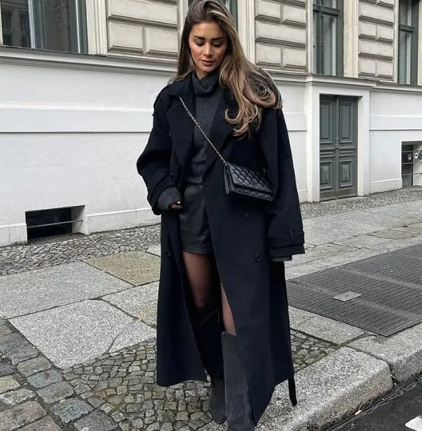Damen Eleganter Long-Trenchcoat mit strukturiertem Stehkragen Drune