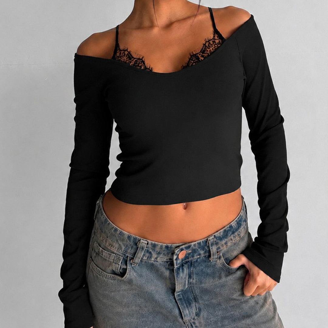 Damen Schulterfreies Langarm-Cami mit zarter Spitzen-Innenschicht und verstellbaren Spaghettiträgern Drune
