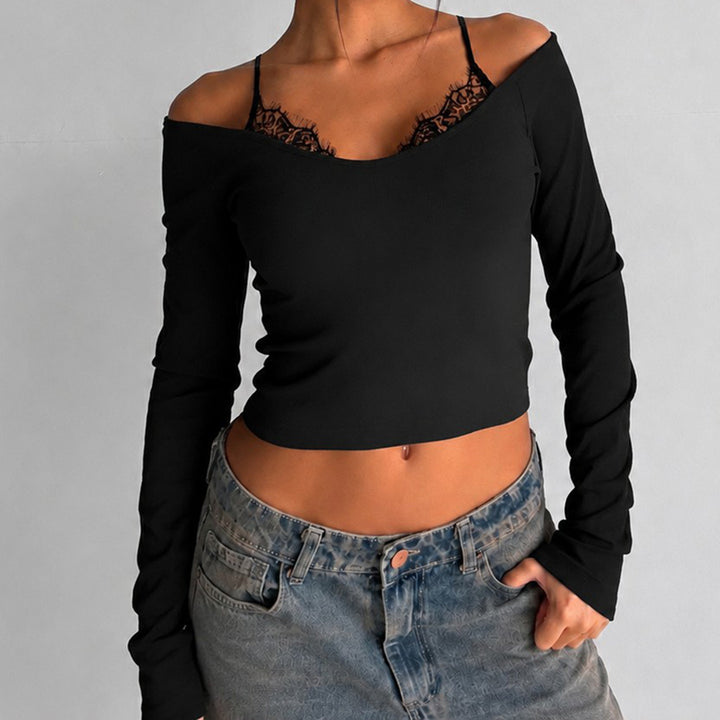Damen Schulterfreies Langarm-Cami mit zarter Spitzen-Innenschicht und verstellbaren Spaghettiträgern Drune