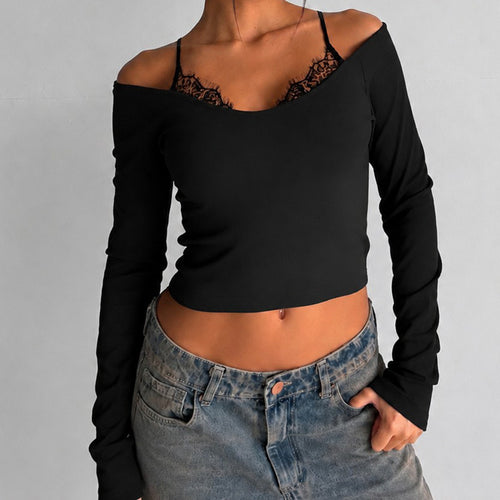 Damen Schulterfreies Langarm-Cami mit zarter Spitzen-Innenschicht und verstellbaren Spaghettiträgern Drune