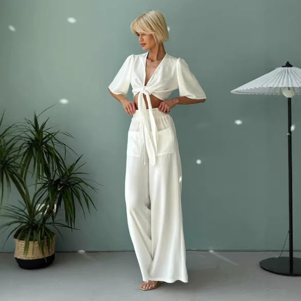Damen lässiges Crop-Top und weite High-Waist-Hose Set Drune