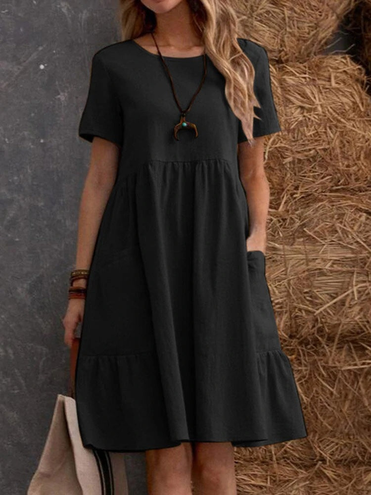Damen Lockeres Baumwollkleid mit Taschen und Volant Drune