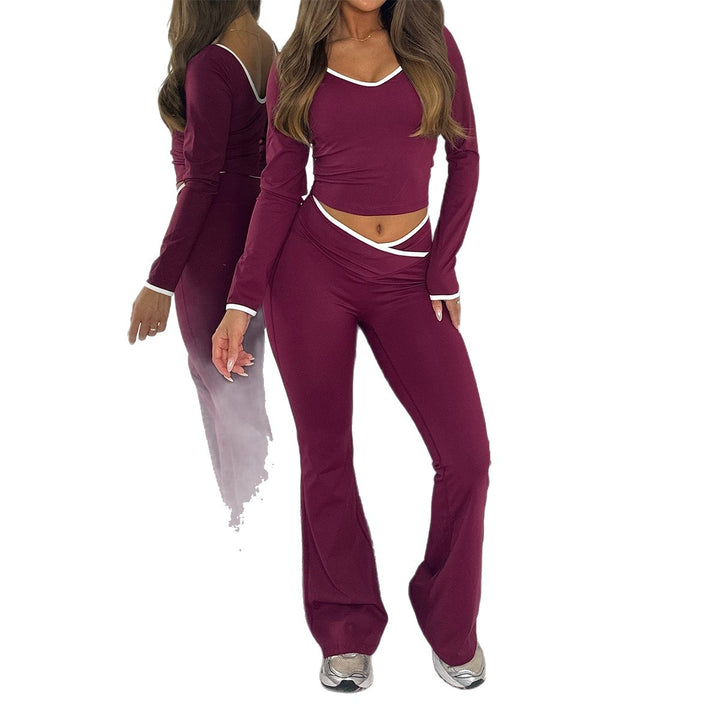 Damen nan figurbetontes Longsleeve-Croptop und ausgestelltes High Waist Schlaghosenset Drune