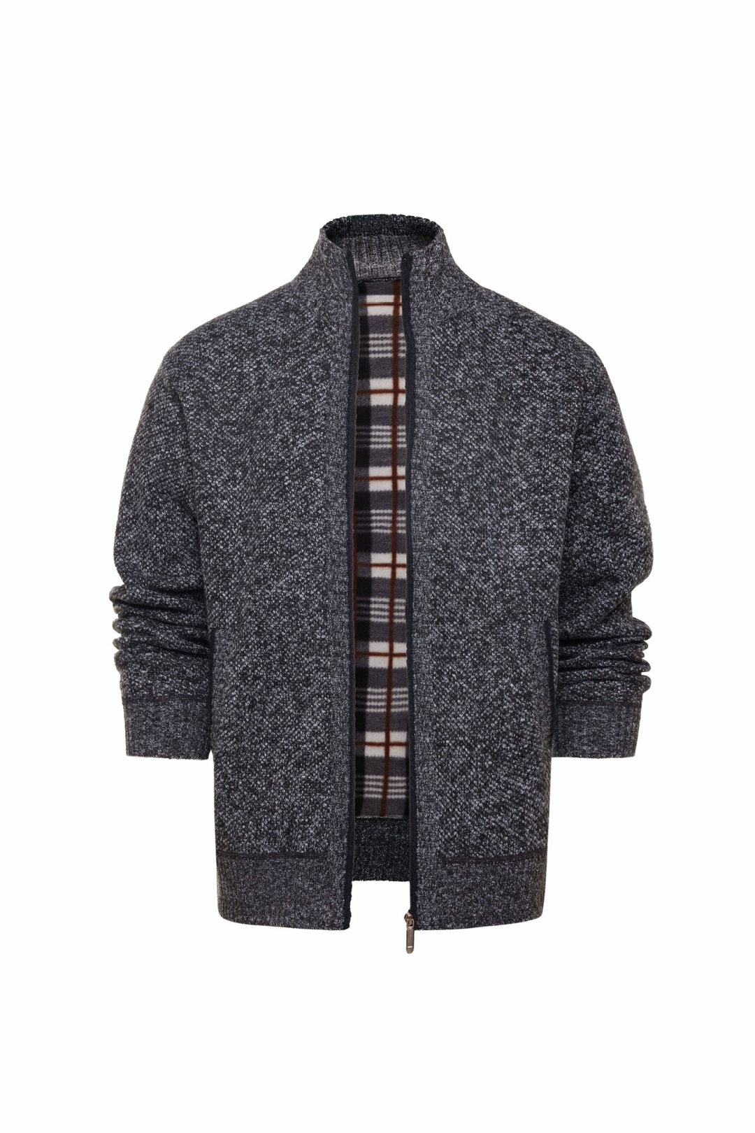 Herren gebürstete Strickjacke mit kariertem Thermofutter und Stehkragen Drune