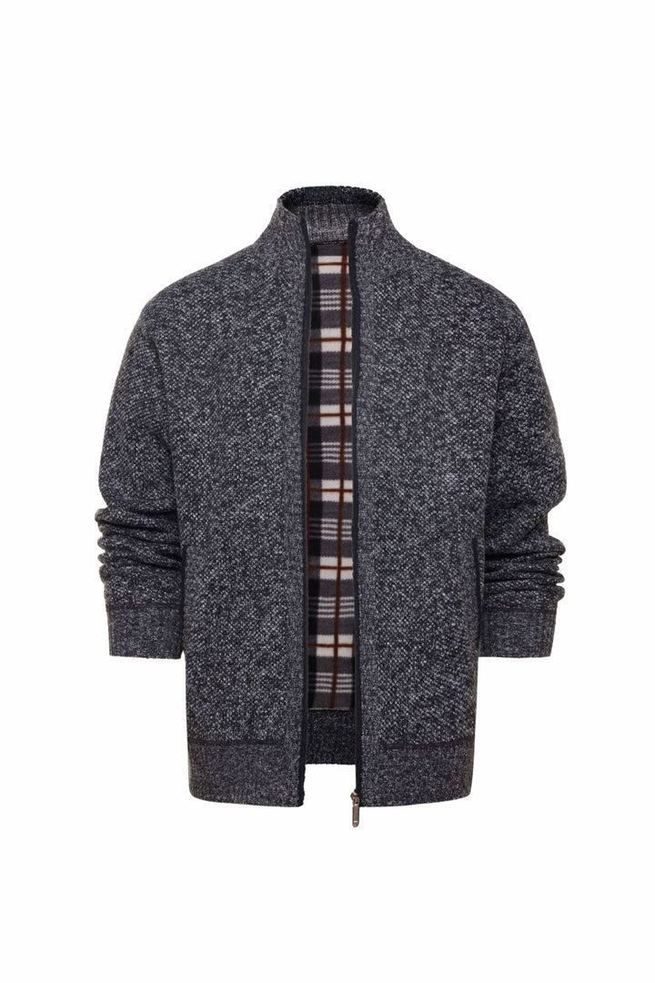 Herren gebürstete Strickjacke mit kariertem Thermofutter und Stehkragen Drune