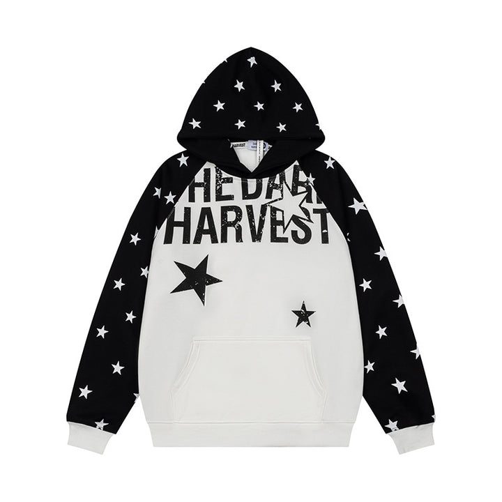 Damen Kapuzenpullover im Raglanstyle mit Sternen‑Allover, Kängurutasche und Vintage‑Print Drune