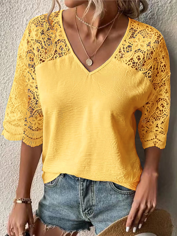 Damen nan V-Ausschnitt-Spitzenbluse mit dreiviertel Häkelärmeln und Knautsch-Optik Drune