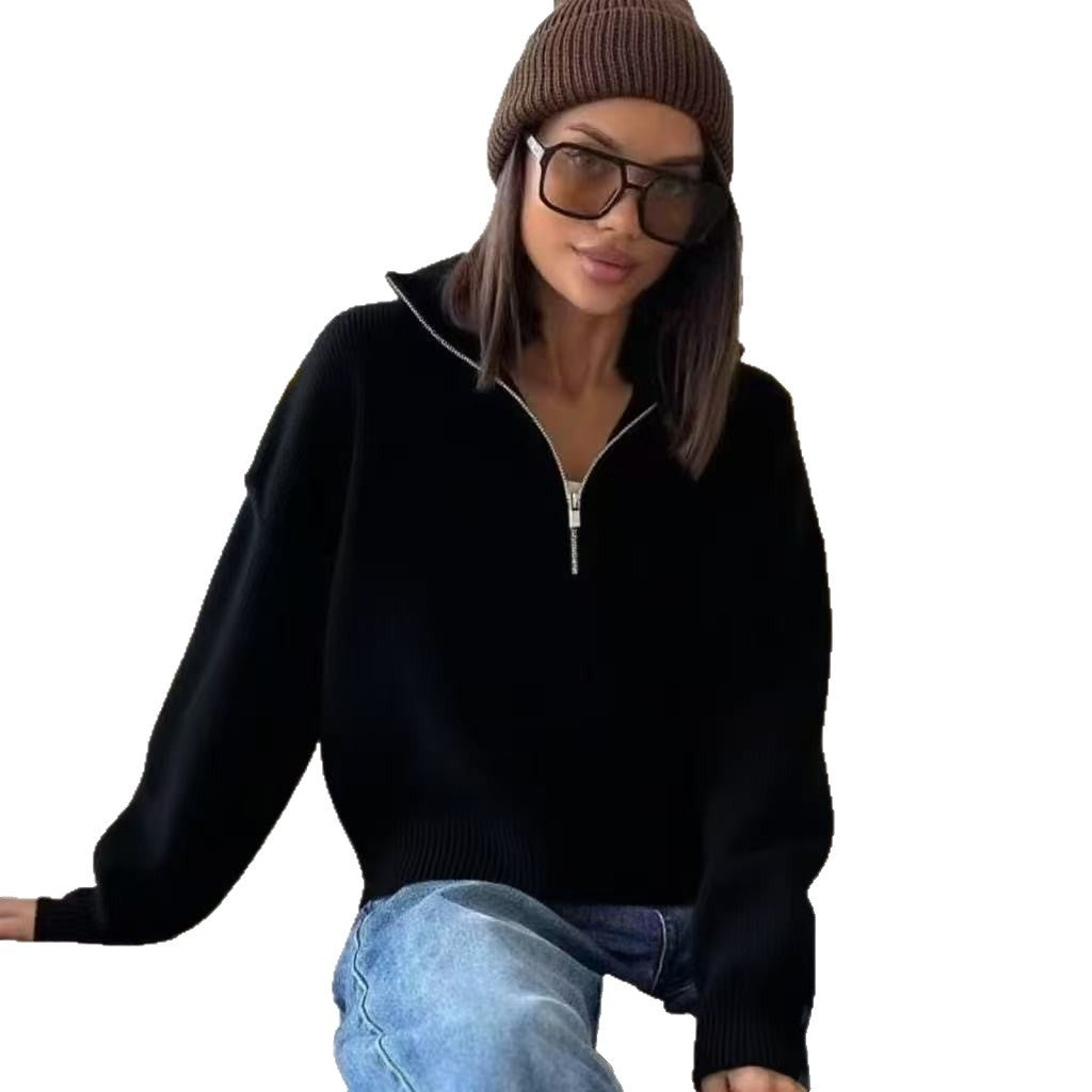 Damen Oversized Pullover mit hohem Kragen und Reißverschluss Drune